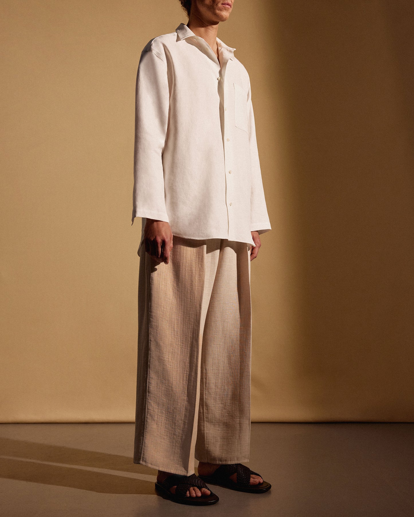 LINEN WOOL REVER EXTRA WIDE TROUSERS - HEATHER BEIGE