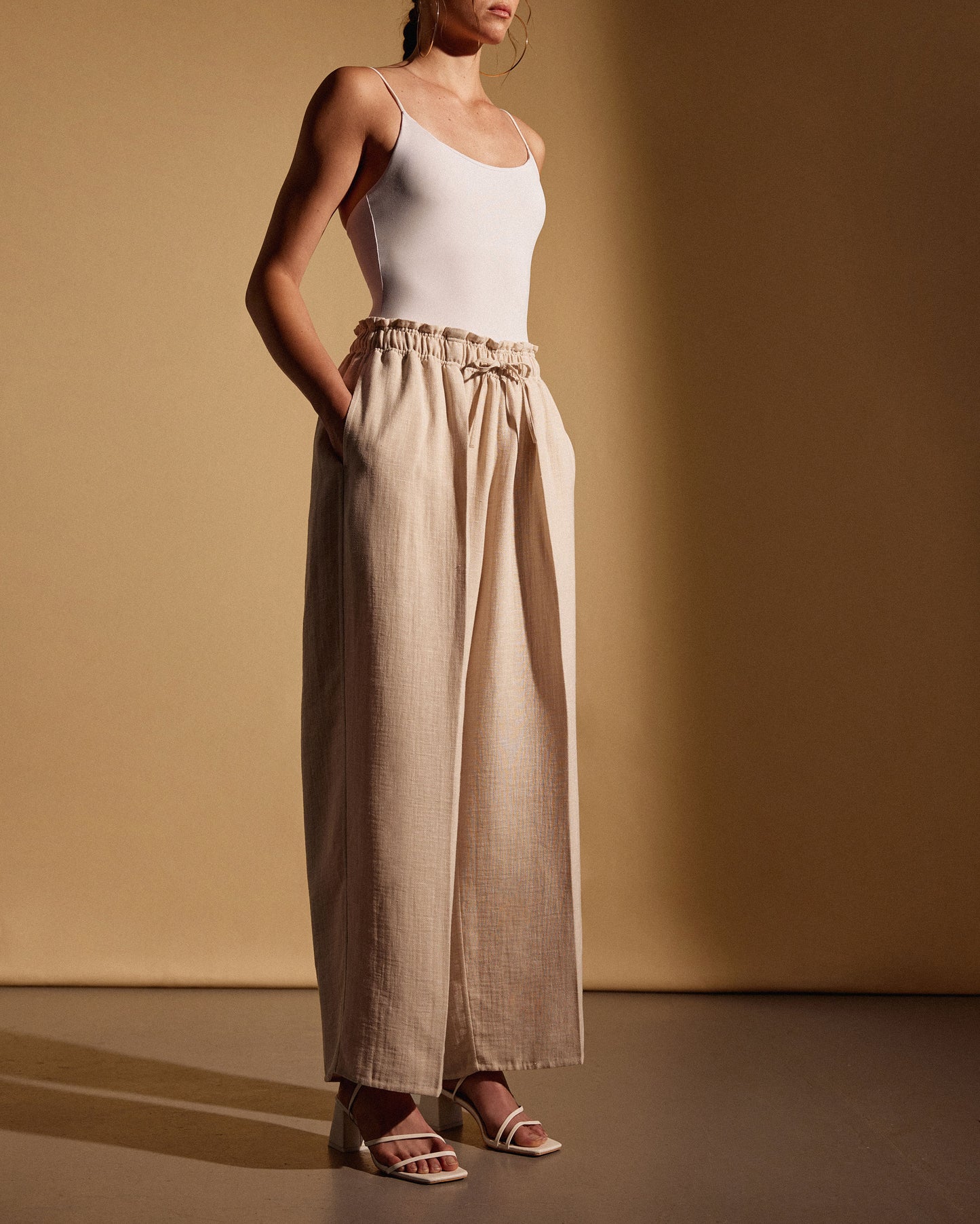 LINEN WOOL REVER EXTRA WIDE TROUSERS - HEATHER BEIGE