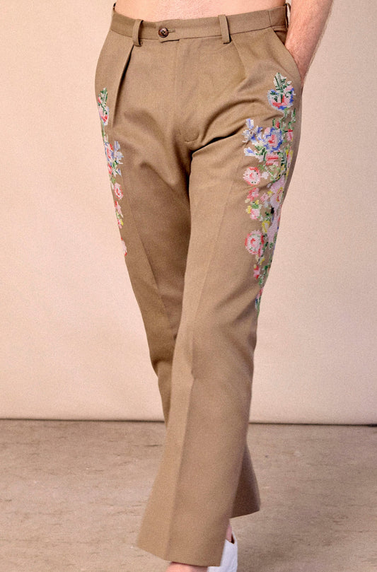 TRADITIONAL FLOWER PANTS - BEIGE