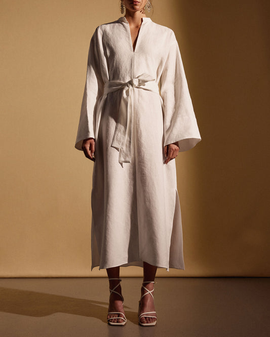 LINEN BIB DRESS - WHITE