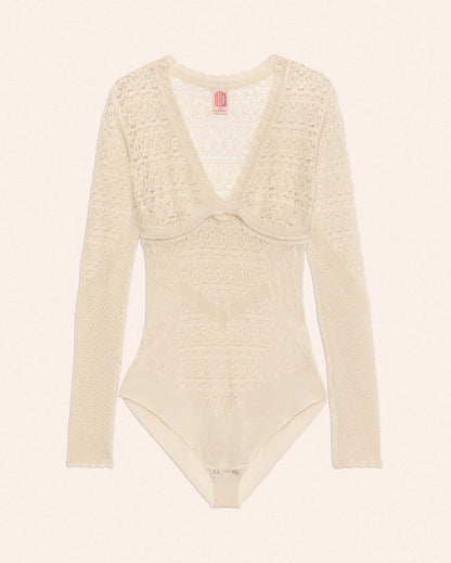 LACE KNIT V-NECK BODYSUIT - OFF-WHITE - AH24