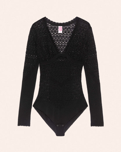 LACE KNIT V-NECK BODYSUIT - BLACK - AH24