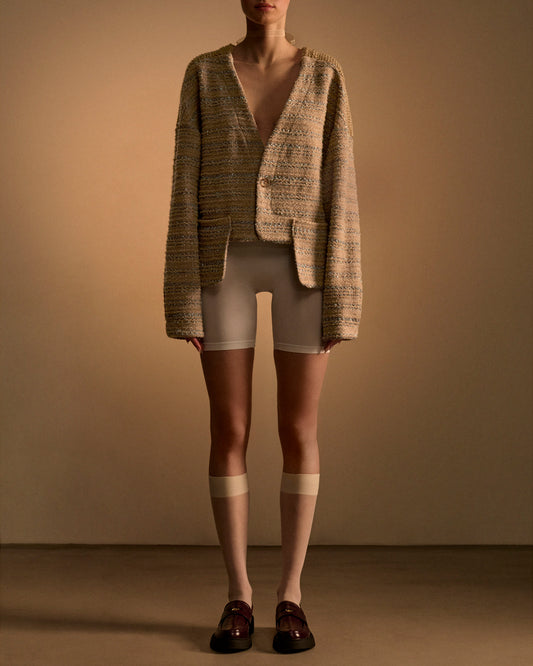 TWEED & VELOUR CARDIGAN - BEIGE