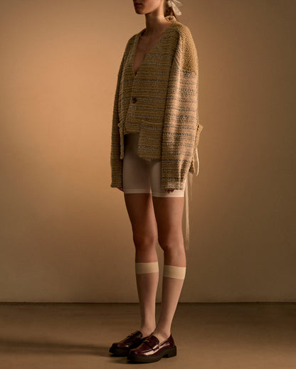 TWEED & VELOUR CARDIGAN - BEIGE