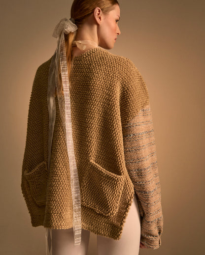 TWEED & VELOUR CARDIGAN - BEIGE