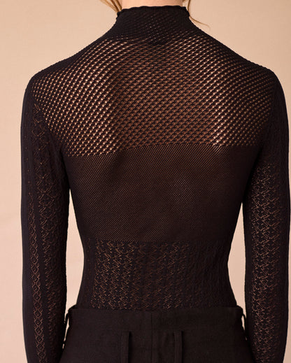 LACE KNIT HIGH NECK BODYSUIT - BLACK - AH24