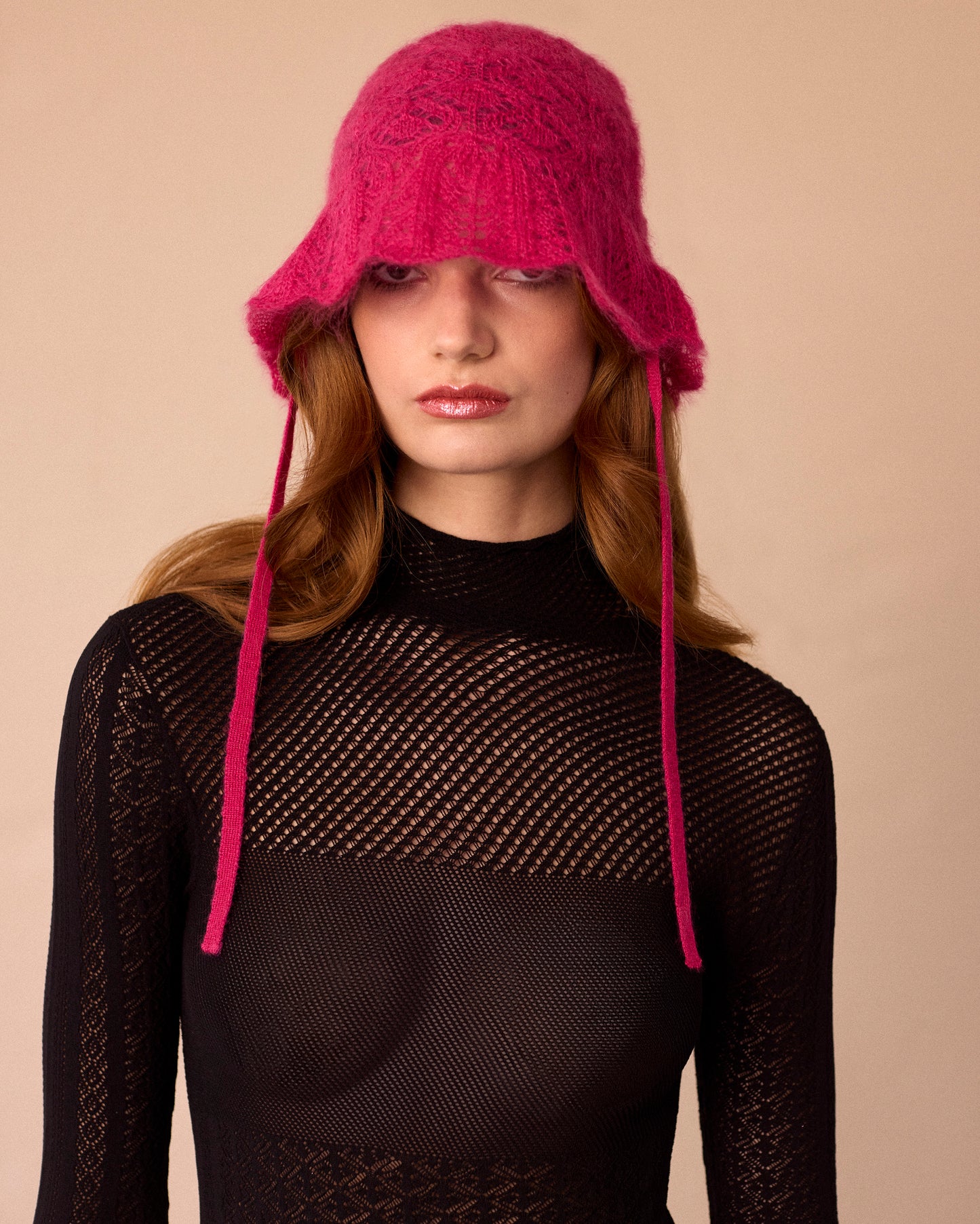 KNIT LACE HAT - PINK - AH24