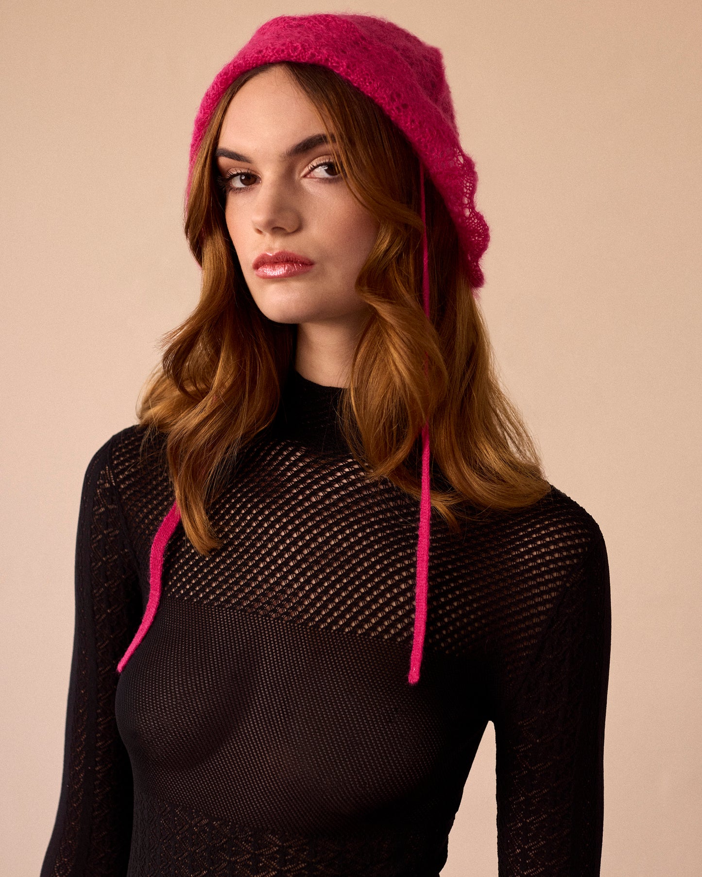 KNIT LACE HAT - PINK - AH24