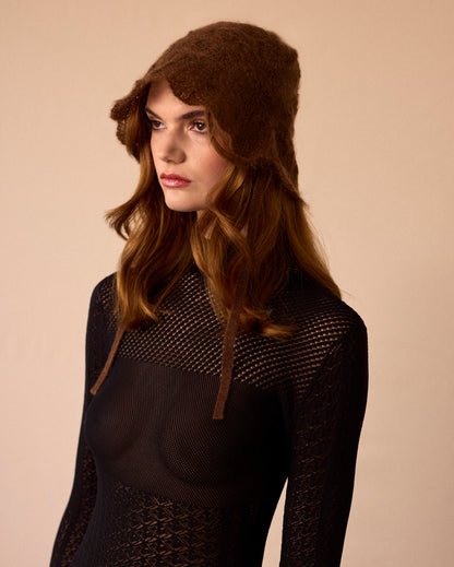 KNIT LACE HAT - BROWN - AH24